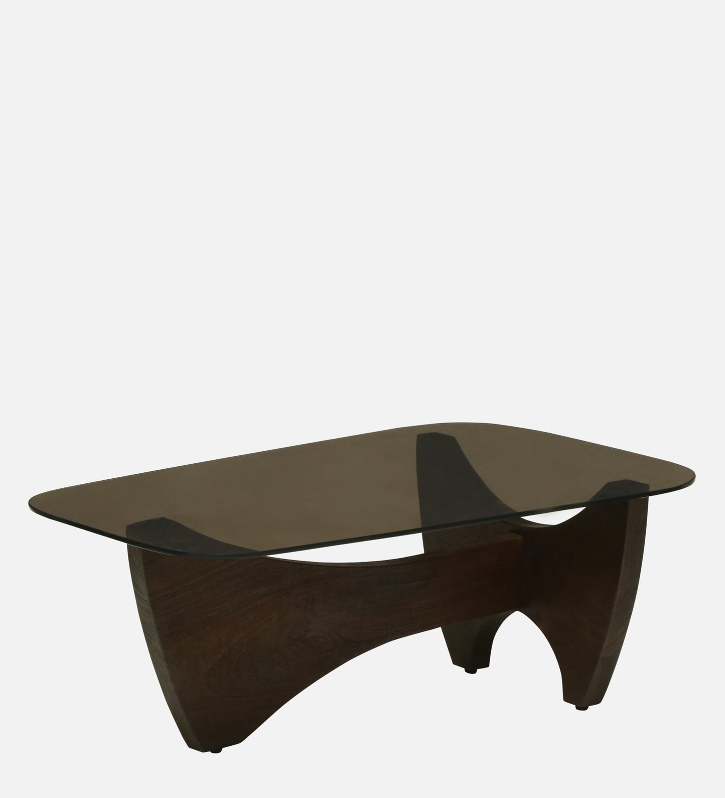 Smoked Glass Coffee Table with Sculptural Dark Wood Base