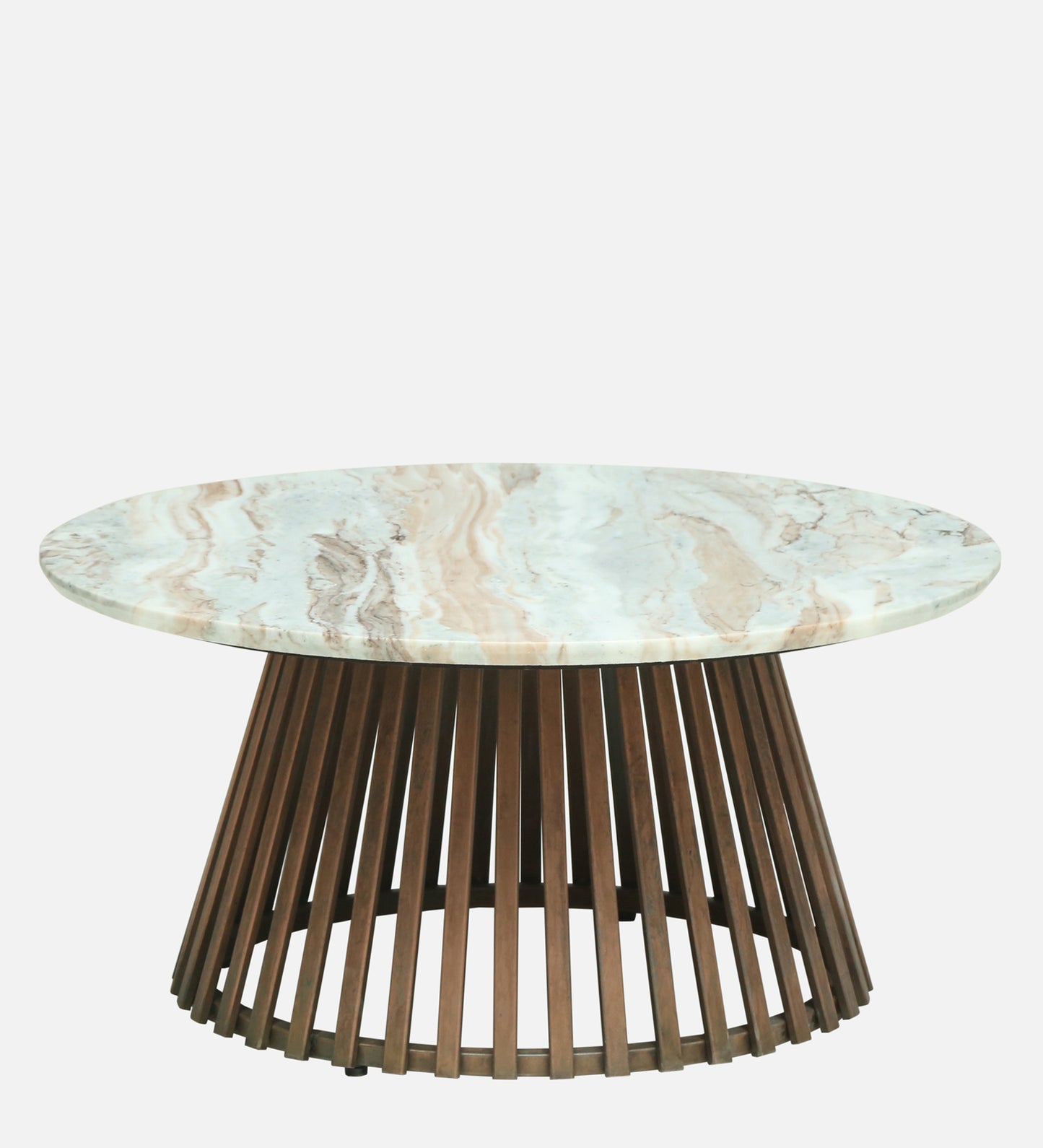 Round White Marble Coffee Table with Slatted Dark Wood Pedestal Base - alternate view 3