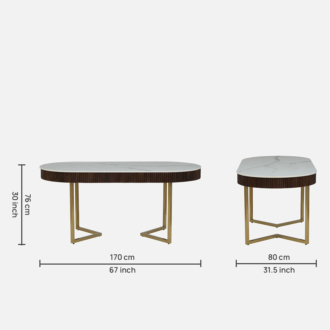 Mango Wood Dining Table with Electrplated Matt Gold Legs and White Porcelain Top and in Fluted Style - dimensions