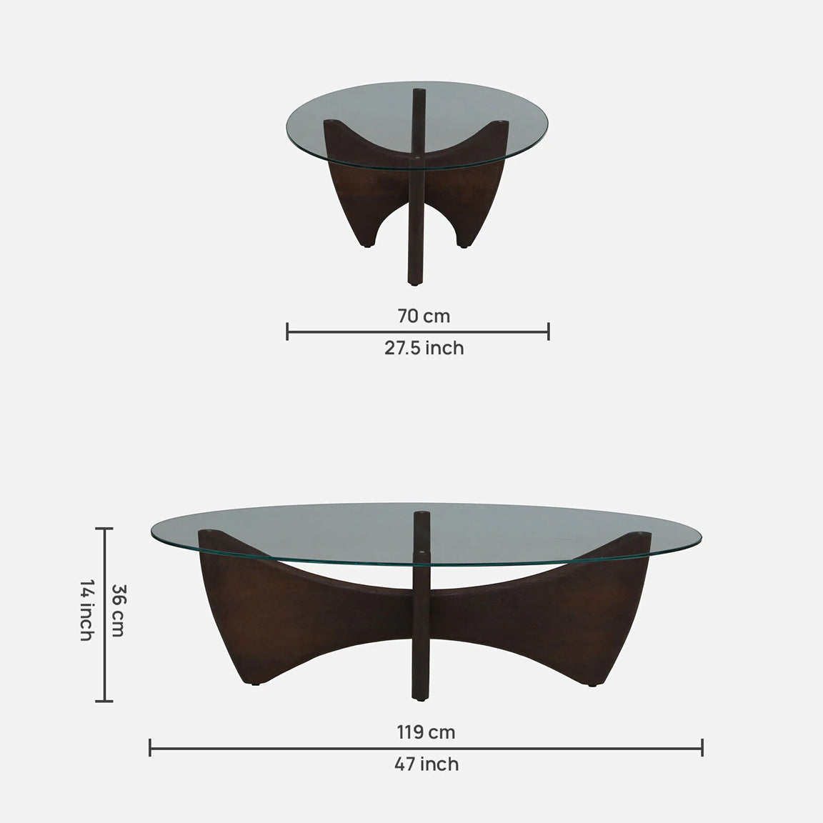 Mango Wood Wirebrush Walnut Finish Base and White Glass Top Oval Coffee Table - dimensions
