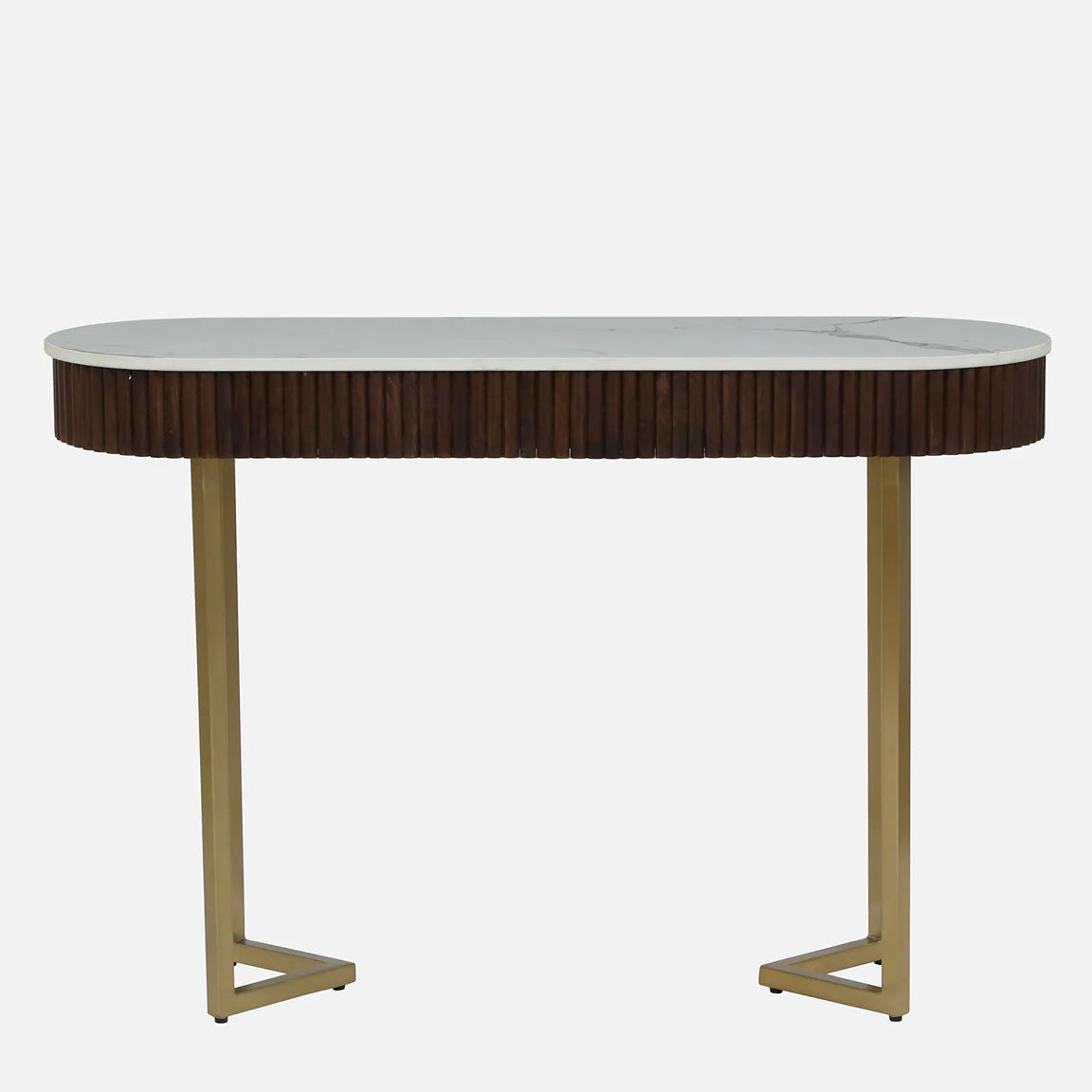 Metallic Electroplated Golden Console Table with Fluted Design Mango Wood and White Porcelain Top - front view
