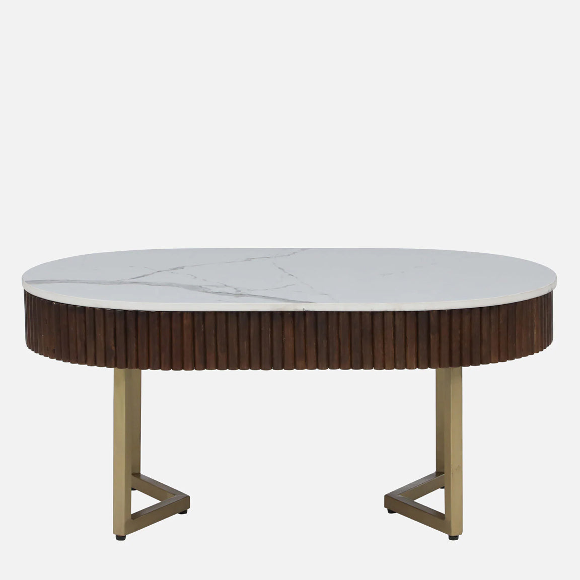 Sheesham Wood Coffee Table with Matt Gold Legs and White Porcelain Top and in Fluted Design - front view