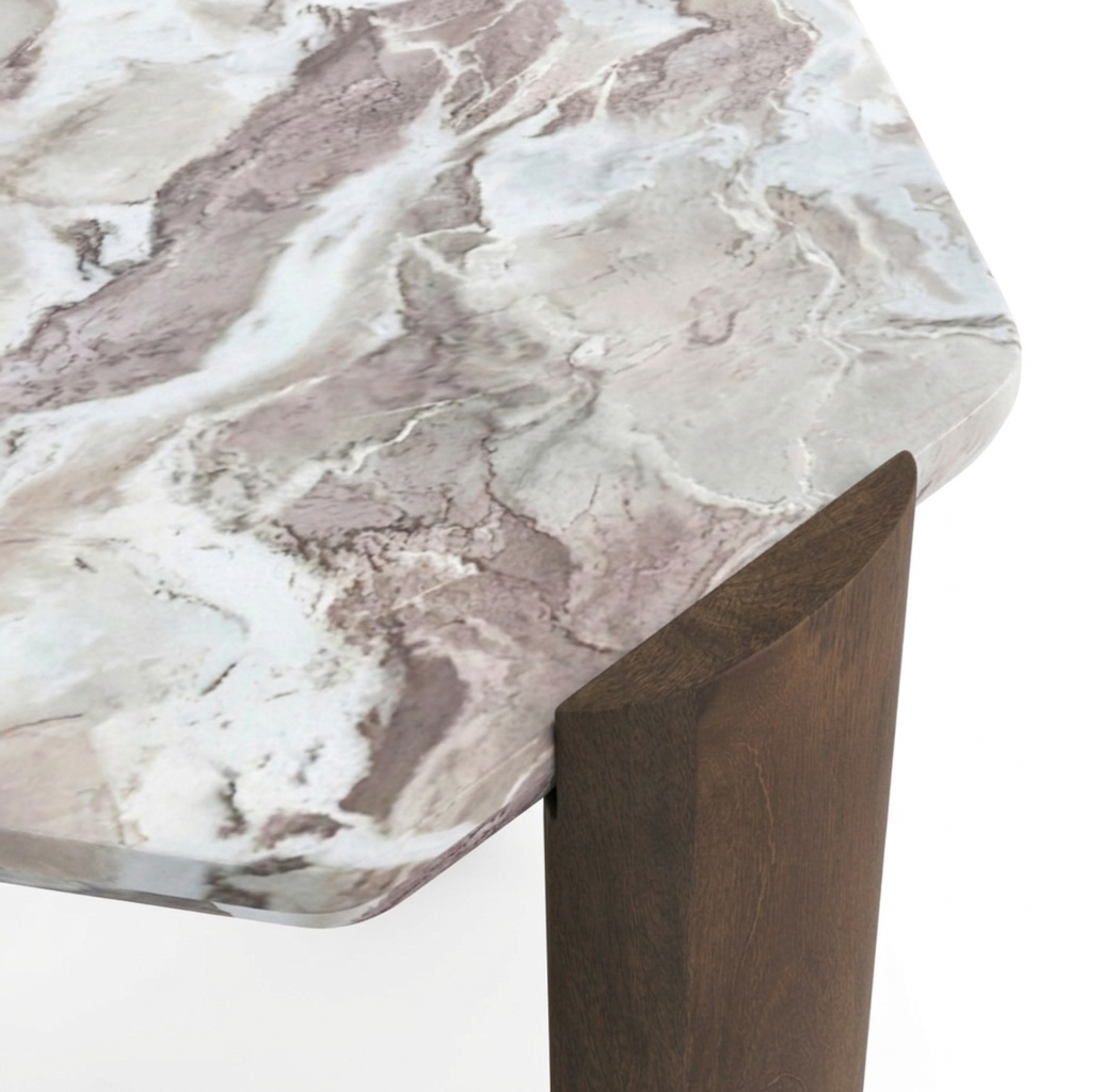 Solid Mango Wood Hexagon Side Table with Sawar Marble Top - close-up detail