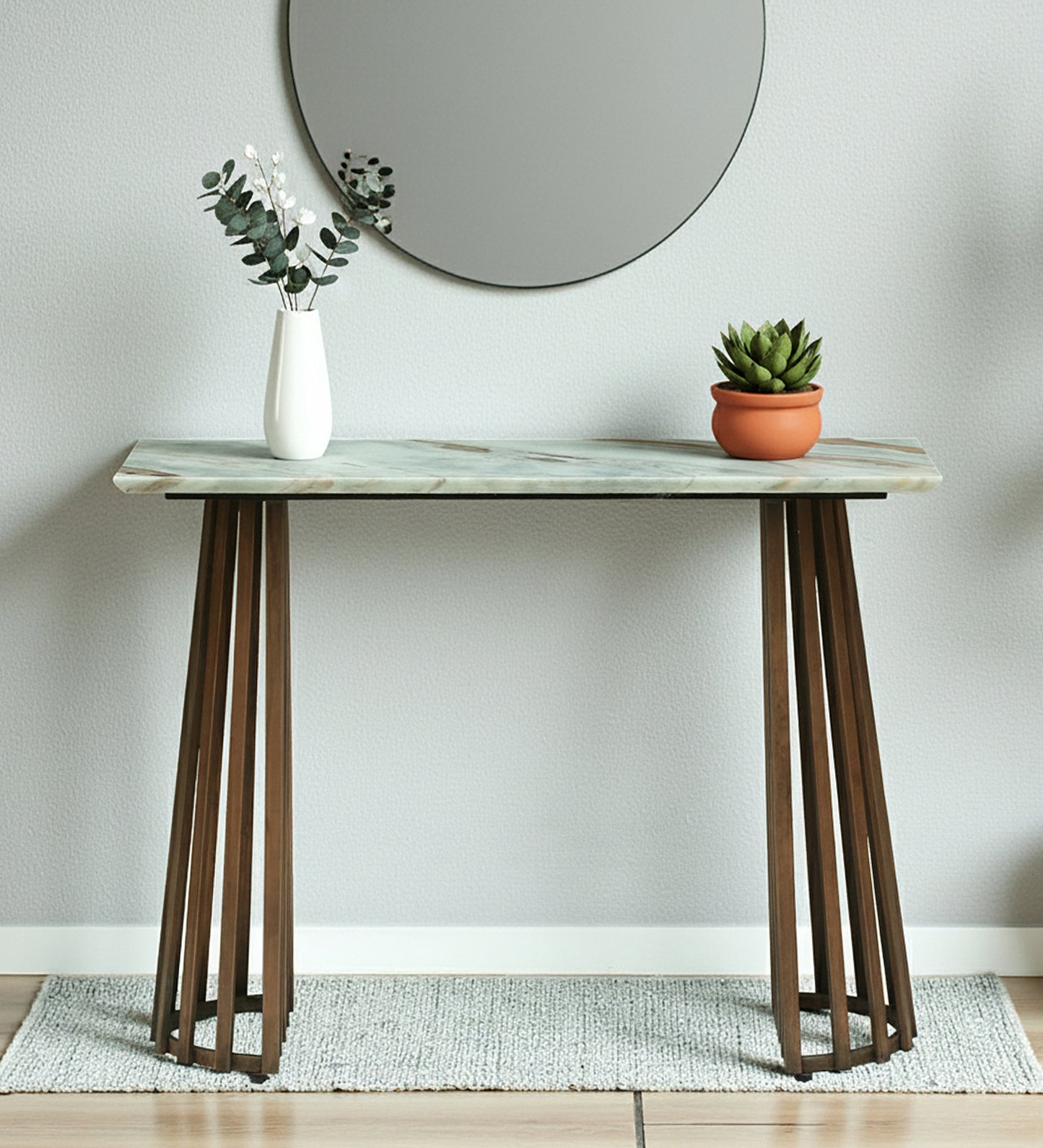 Console Table with Light Marble Top and Dual Slatted Dark Wood Legs
