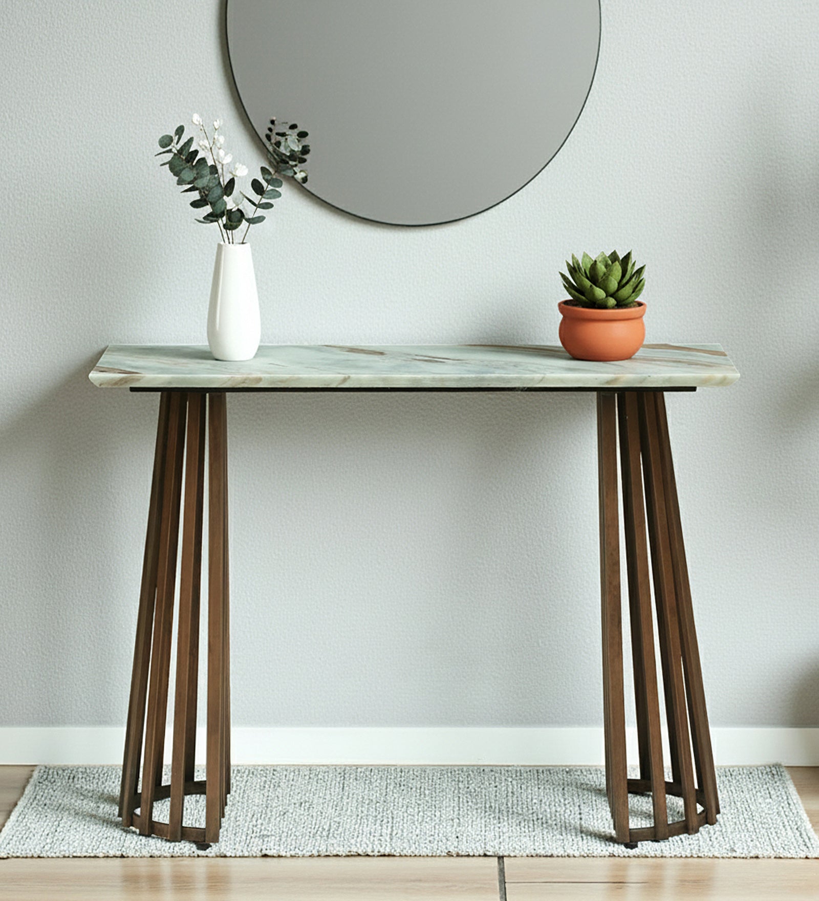 Console Table with Light Marble Top and Dual Slatted Dark Wood Legs