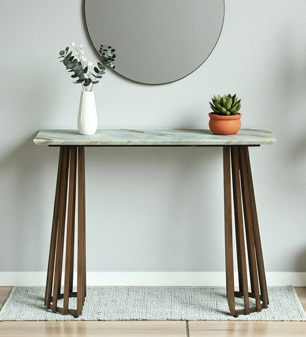 Console Table with Light Marble Top and Dual Slatted Dark Wood Legs
