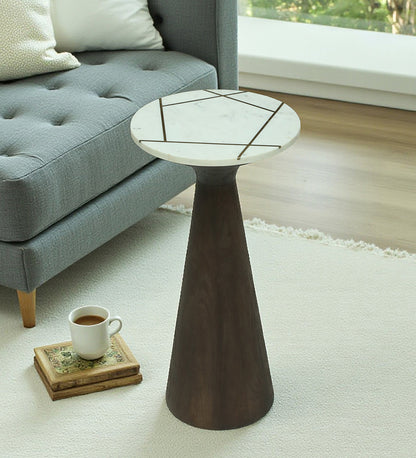 Side Table with White Marble Top, Brass Inlay, and Dark Wood Cone Pedestal Base