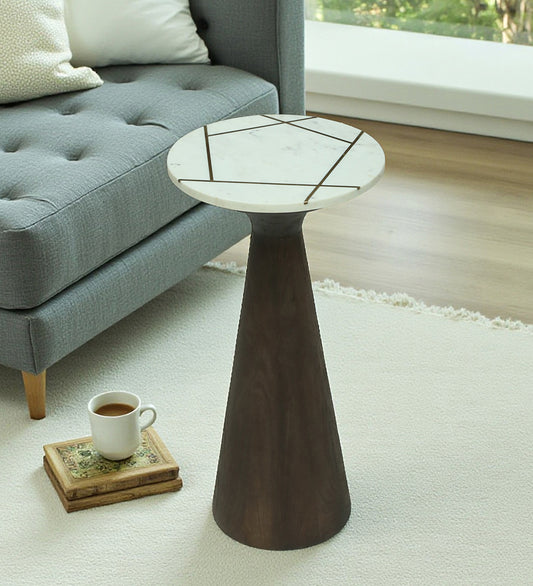 Side Table with White Marble Top, Brass Inlay, and Dark Wood Cone Pedestal Base