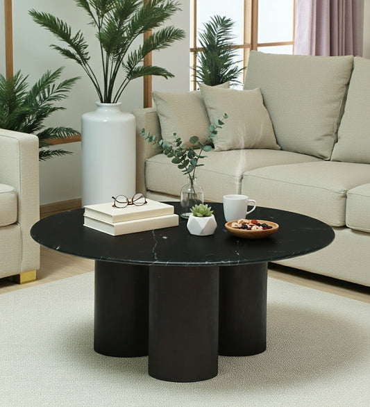 Round Black Marble Coffee Table with Triple Cylindrical Base