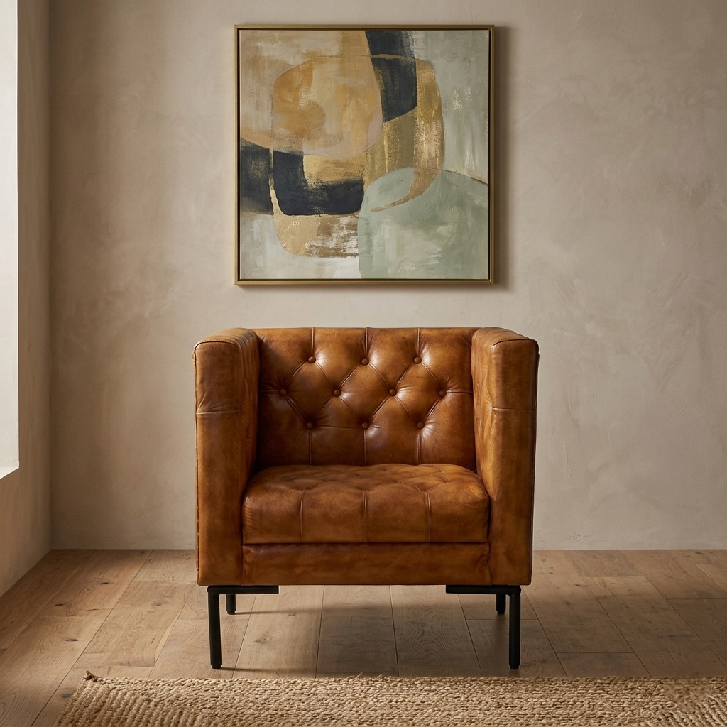 Leather Sofa 1 Seater in Tan Finish - styled room view