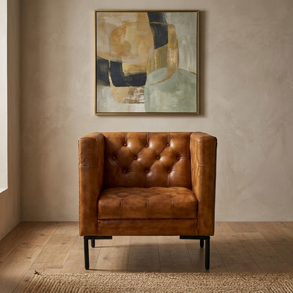 Leather Sofa 1 Seater in Tan Finish - styled room view
