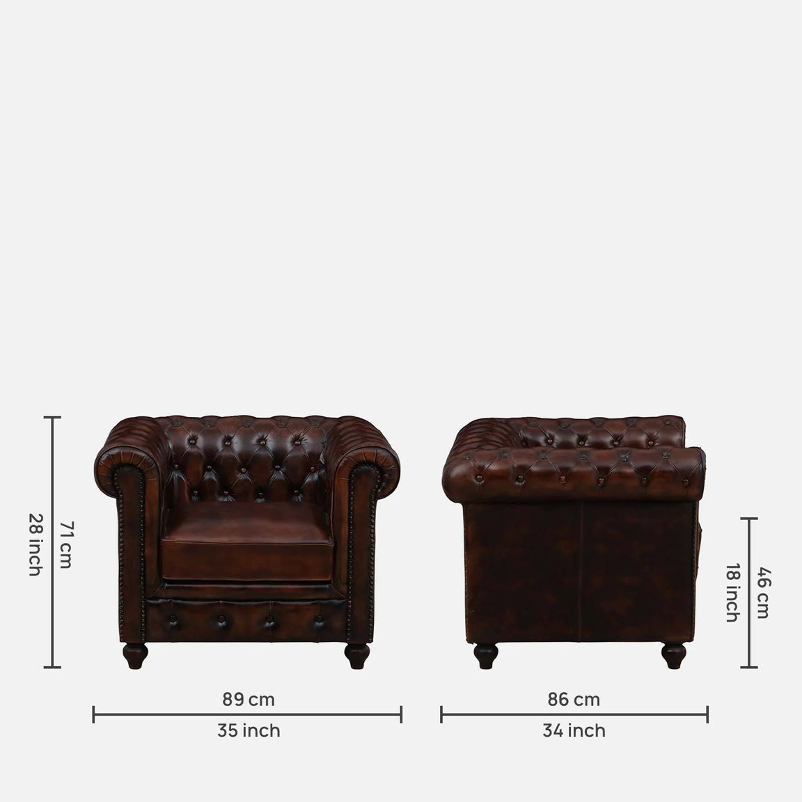 1 Seater Leather Sofa in Brown Finish - dimensions