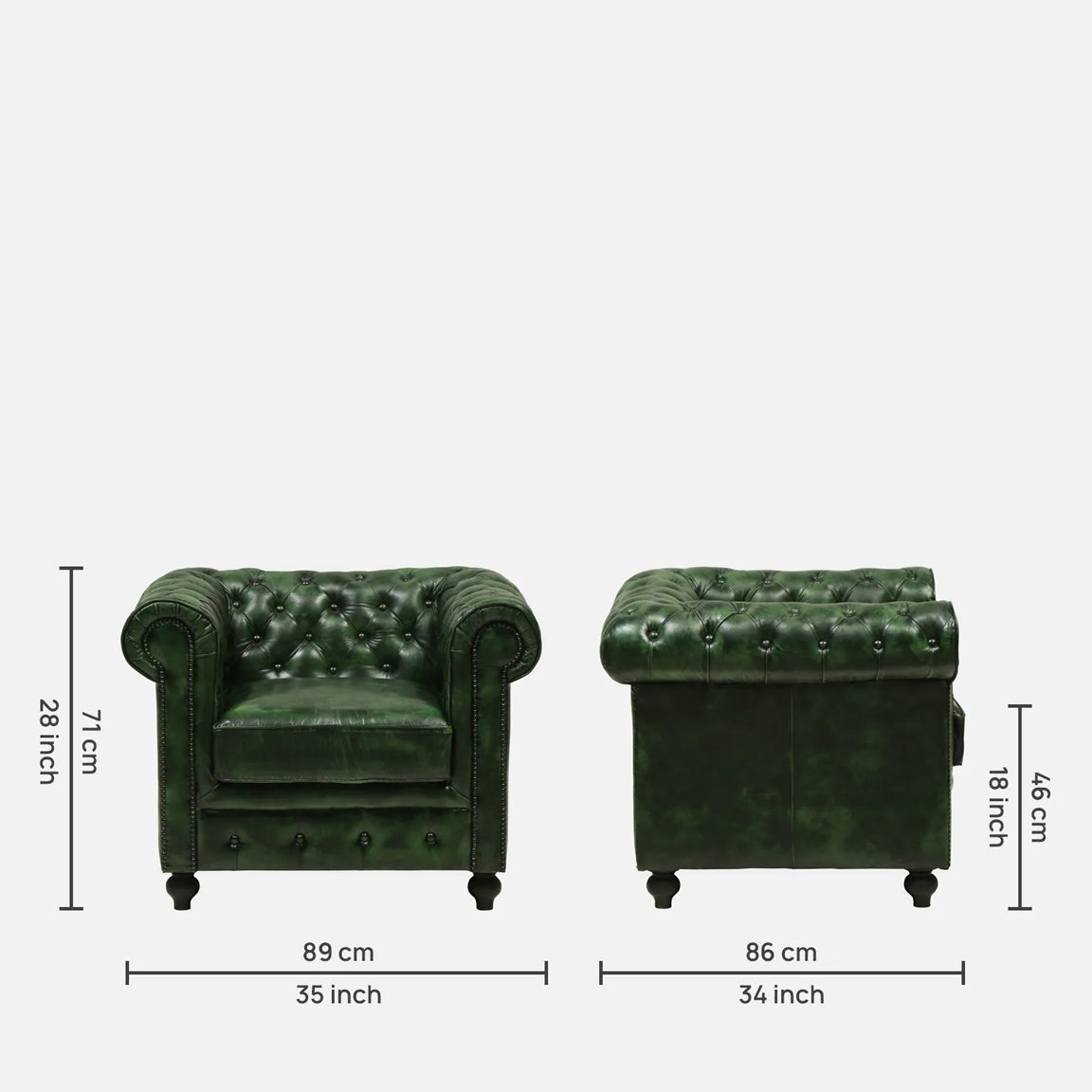 1 Seater Leather Sofa in Green Color - dimensions
