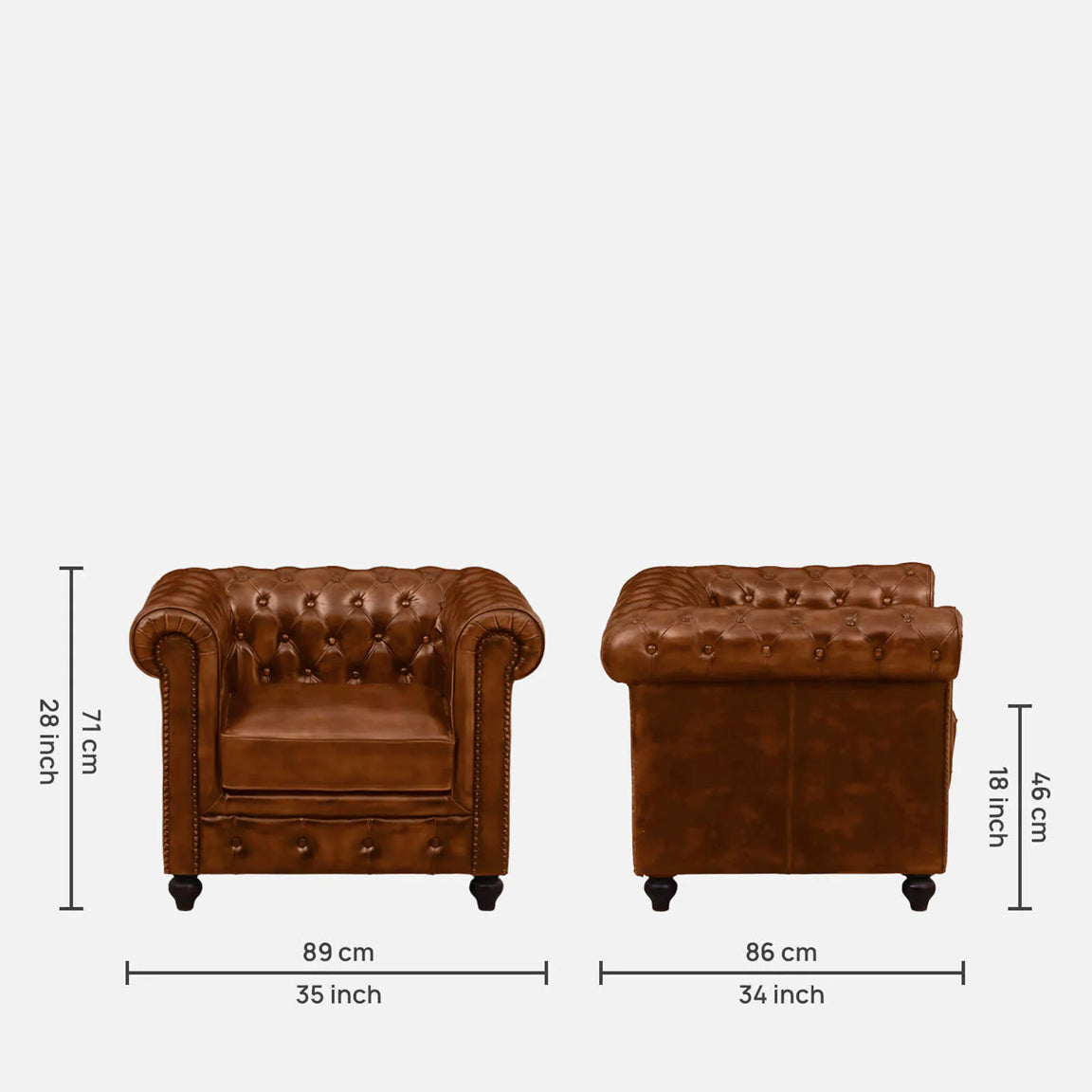 1 Seater Leather Sofa in Tan Finish - dimensions