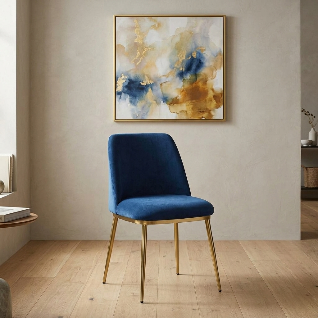 Metallic Dining Chair with Blue Fabric and Golden Electroplated Finish