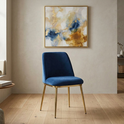 Metallic Dining Chair with Blue Fabric and Golden Electroplated Finish