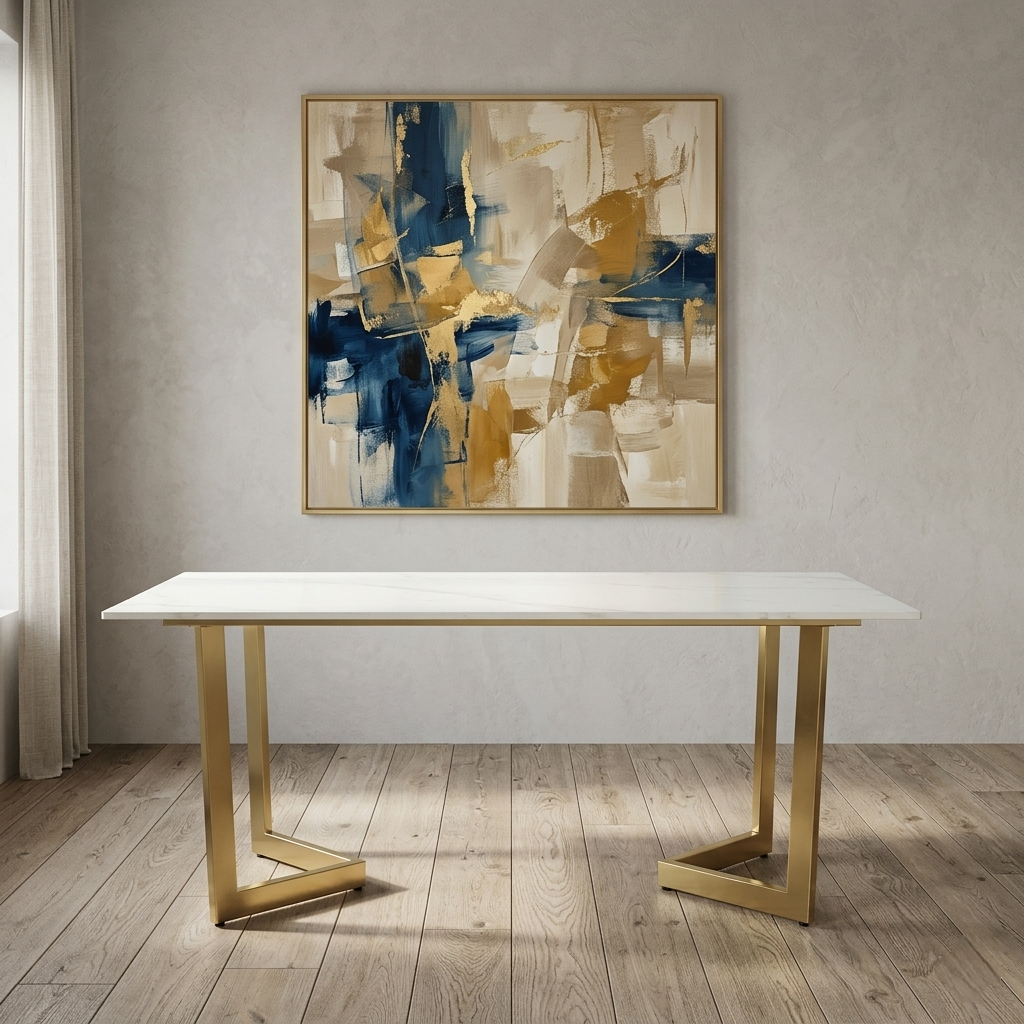 Rectangle Metallic 6 Seater Dining Table with White Porcelain Top