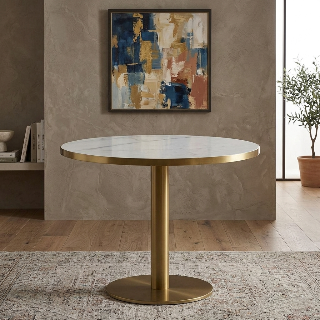 Metallic Round 4 Seater Dining Table with White Porcelain Top