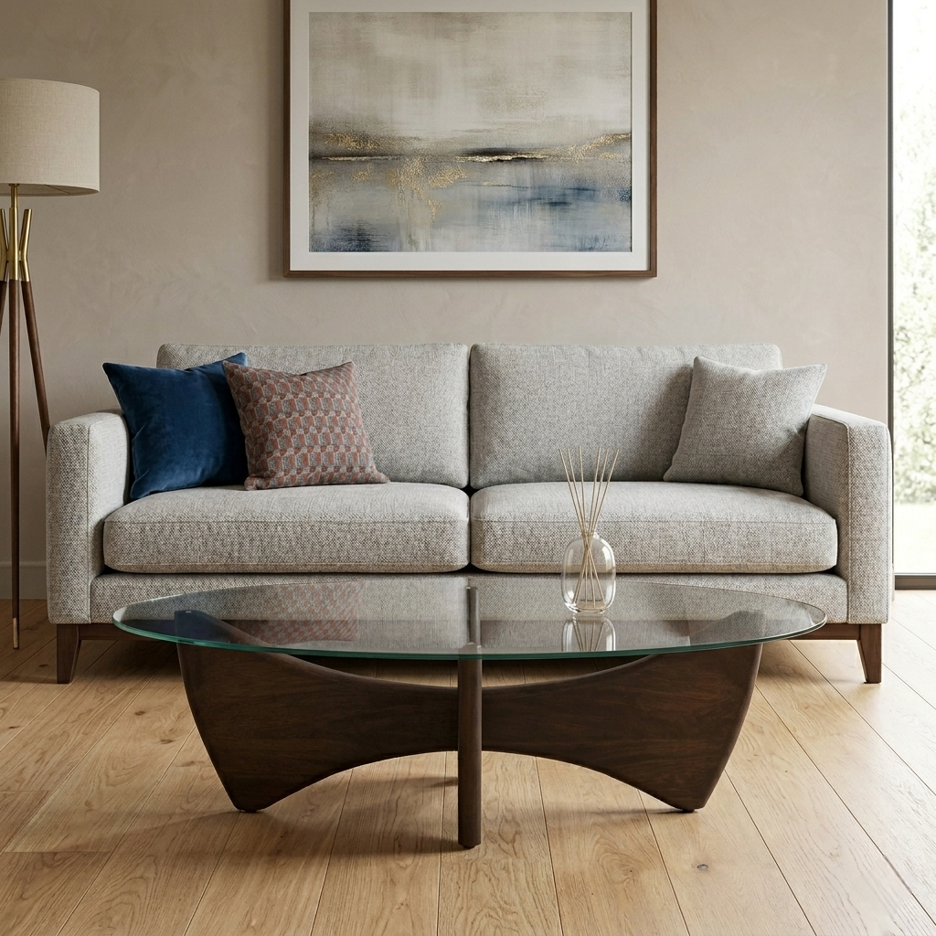 Mango Wood Wirebrush Walnut Finish Base and White Glass Top Oval Coffee Table