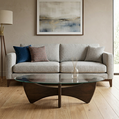 Mango Wood Wirebrush Walnut Finish Base and White Glass Top Oval Coffee Table