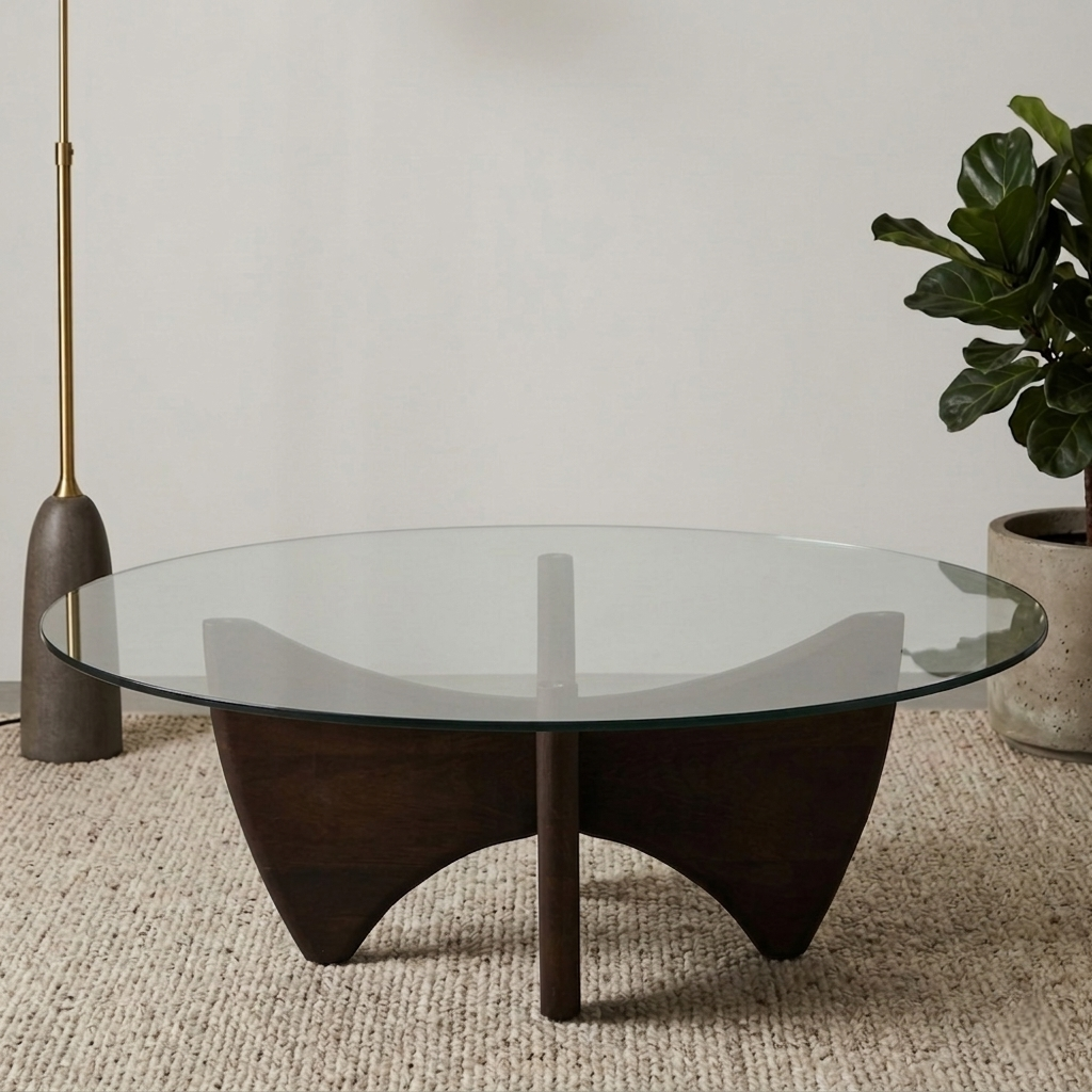 Mango Wood Wirebrush Walnut Finish Base and White Glass Top Coffee Table