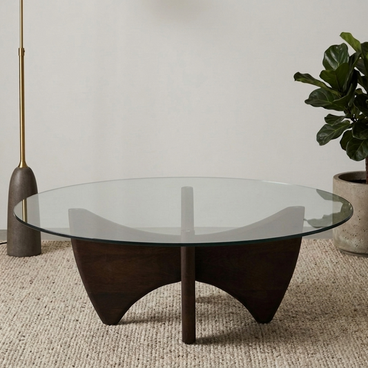 Mango Wood Wirebrush Walnut Finish Base and White Glass Top Coffee Table