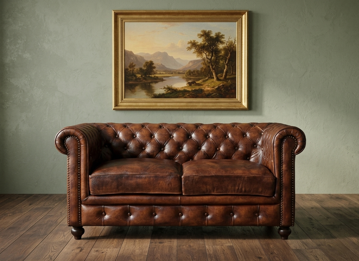 2 Seater Leather Sofa in Brown Finish - styled room view