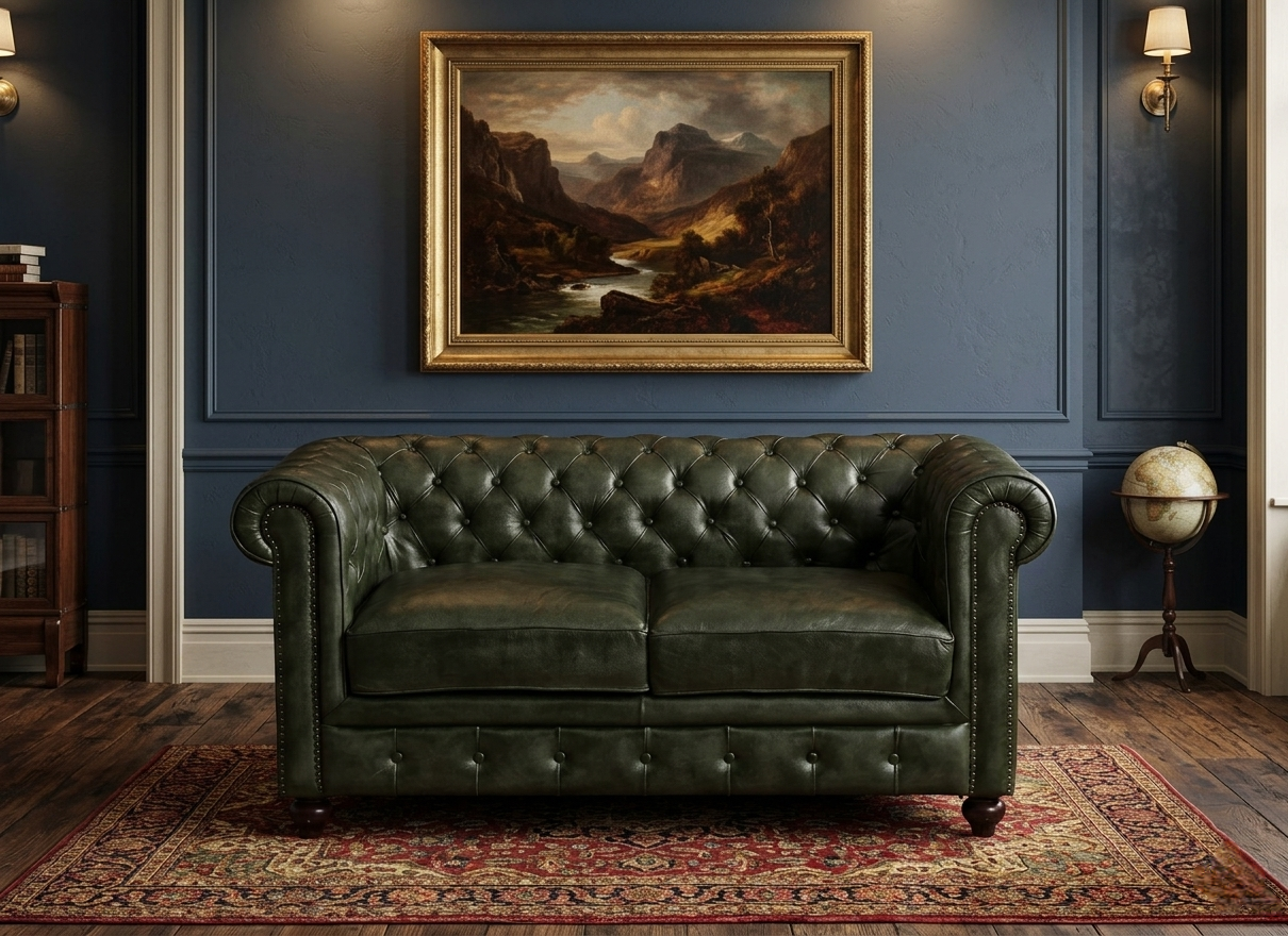 2 Seater Leather Sofa in Green Color - styled room view