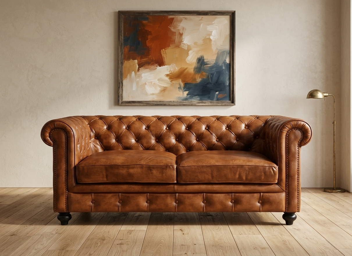 2 Seater Leather Sofa in Tan Finish - styled room view