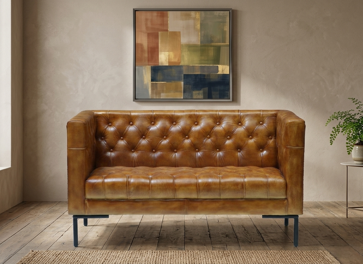 Leather Sofa 2 Seater in Tan Finish - styled room view