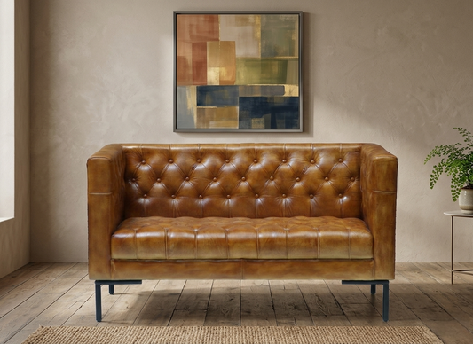 Leather Sofa 2 Seater in Tan Finish - styled room view