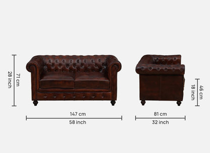 2 Seater Leather Sofa in Brown Finish - dimensions