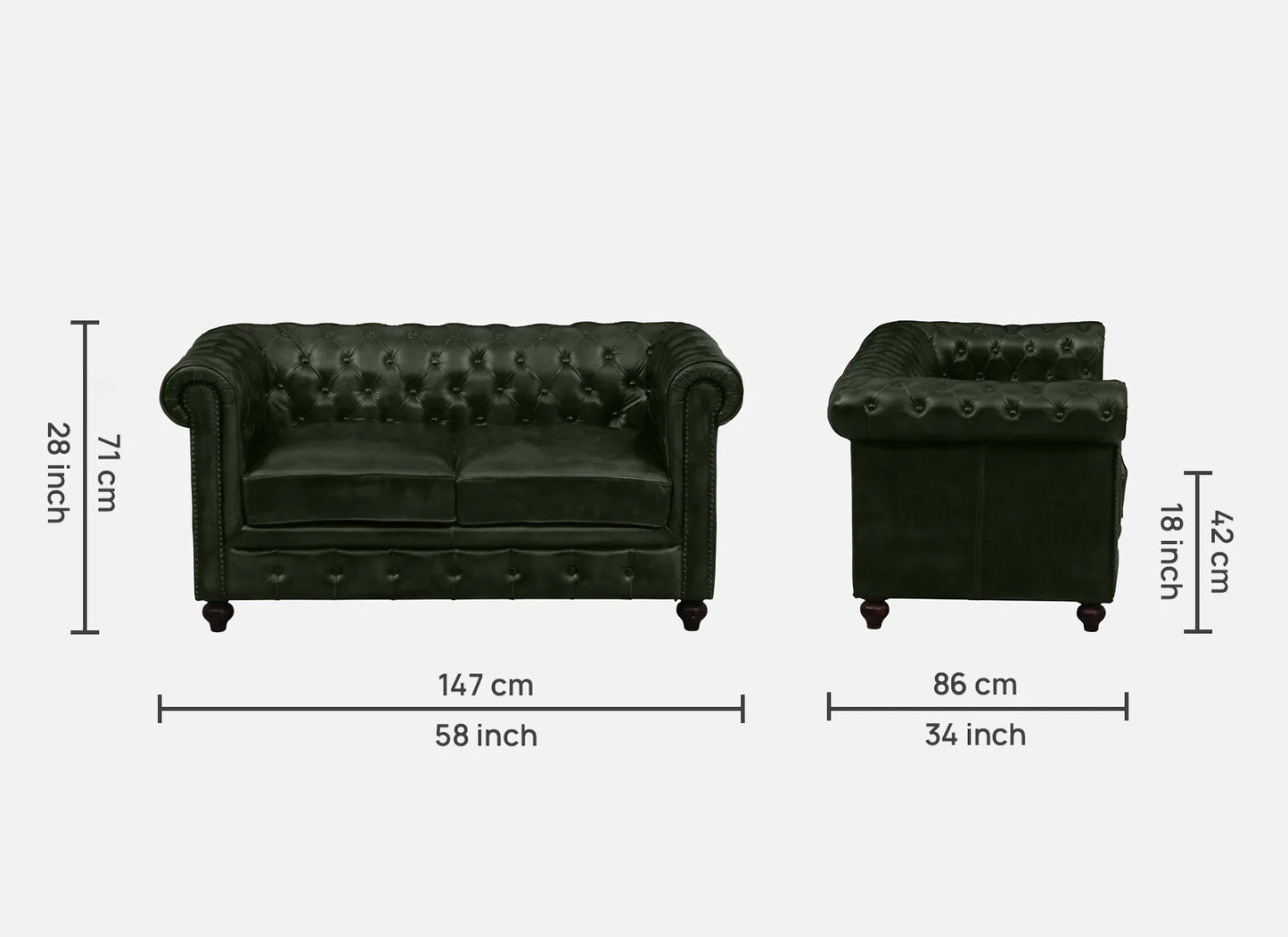 2 Seater Leather Sofa in Green Color - dimensions