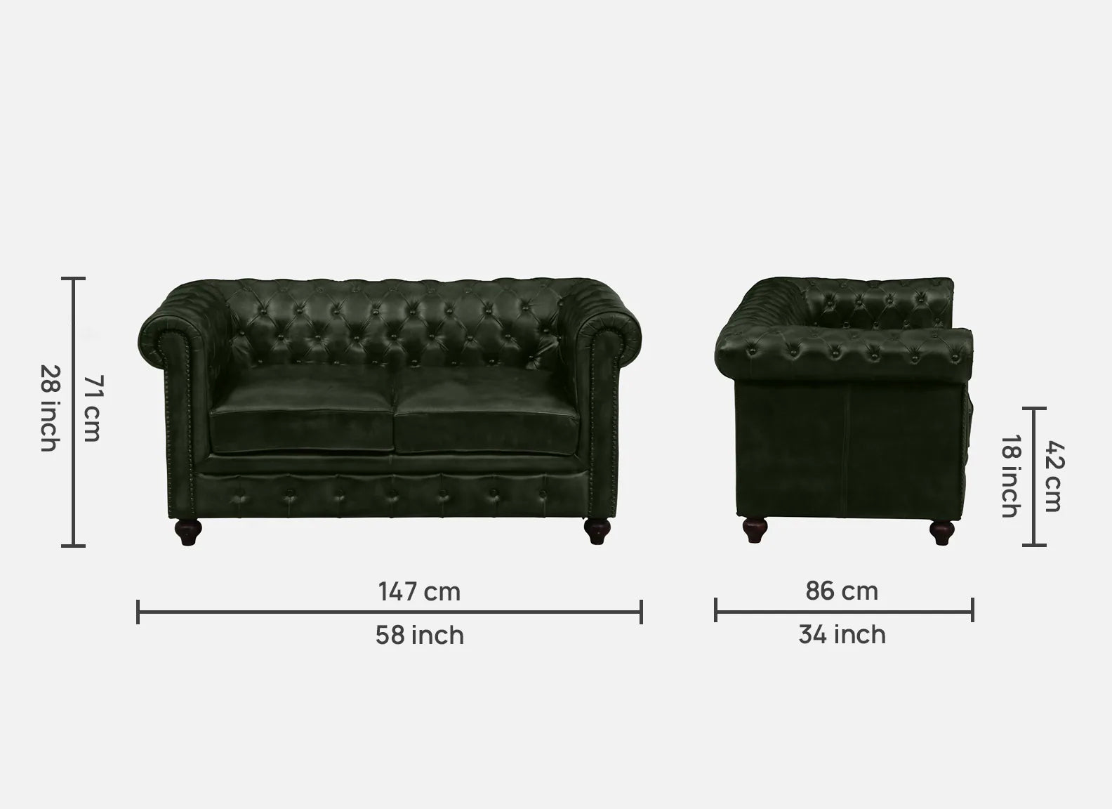 2 Seater Leather Sofa in Green Color - dimensions