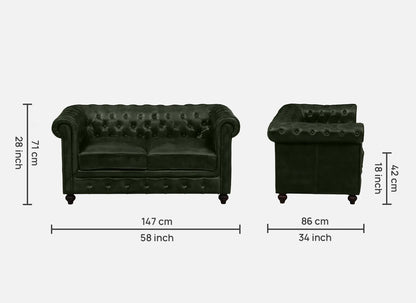 2 Seater Leather Sofa in Green Color - dimensions
