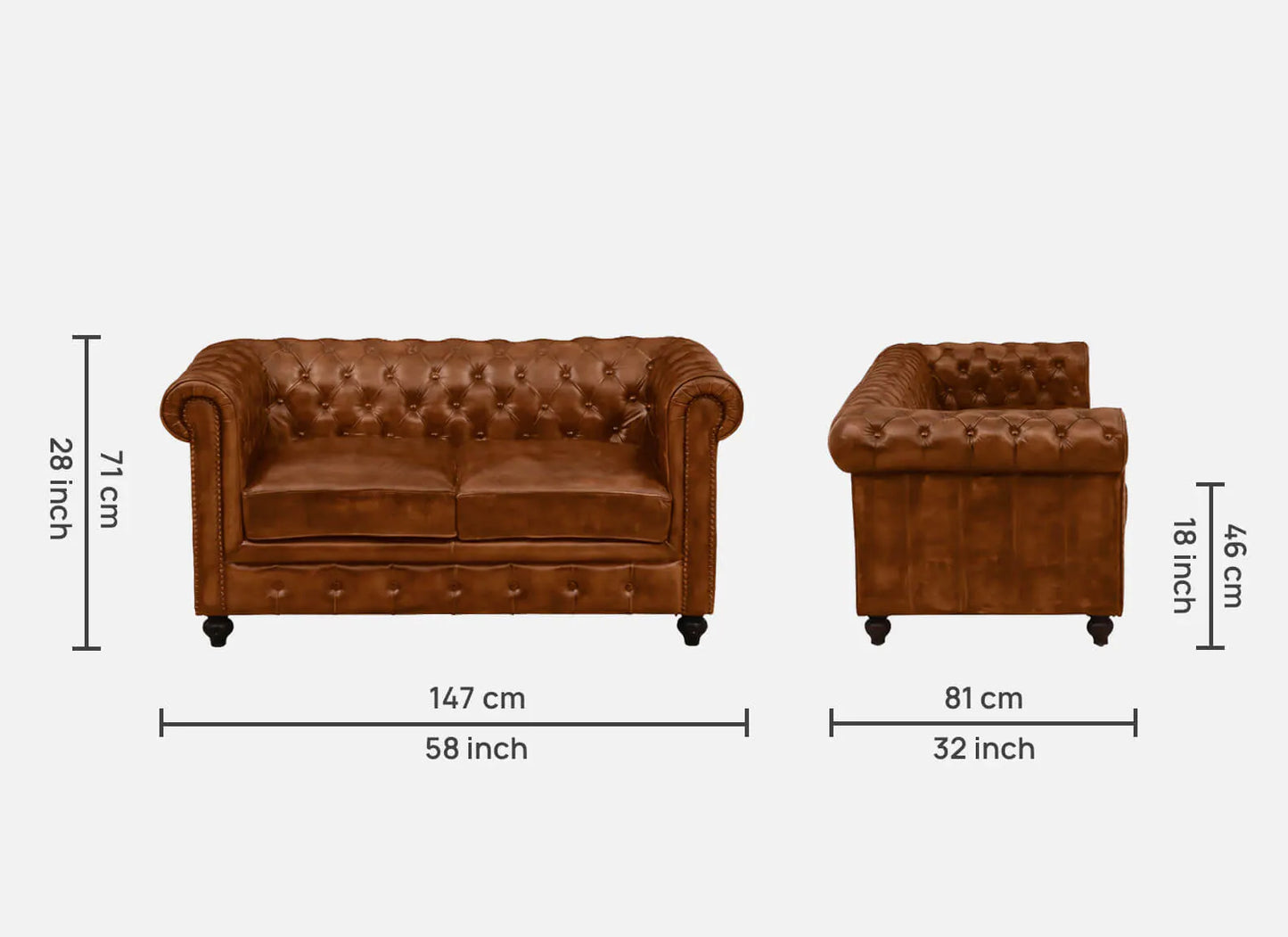 2 Seater Leather Sofa in Tan Finish - dimensions