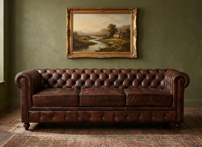 3 Seater Leather Sofa in Brown Finish - styled room view