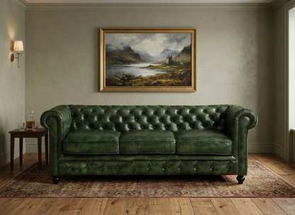 3 Seater Leather Sofa in Green Color - styled room view