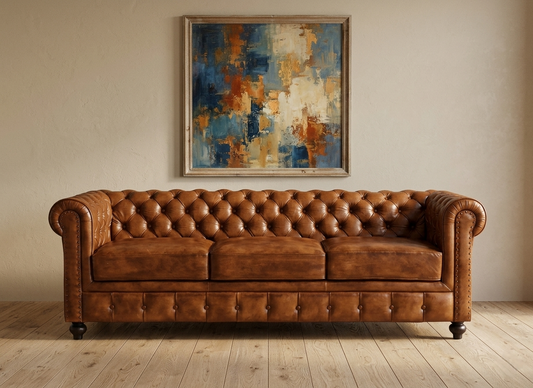 3 Seater Leather Sofa in Tan Finish - styled room view