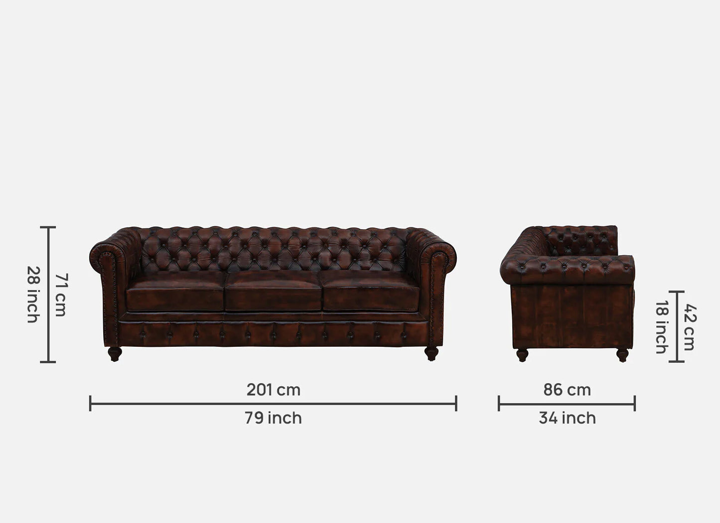 3 Seater Leather Sofa in Brown Finish - dimensions