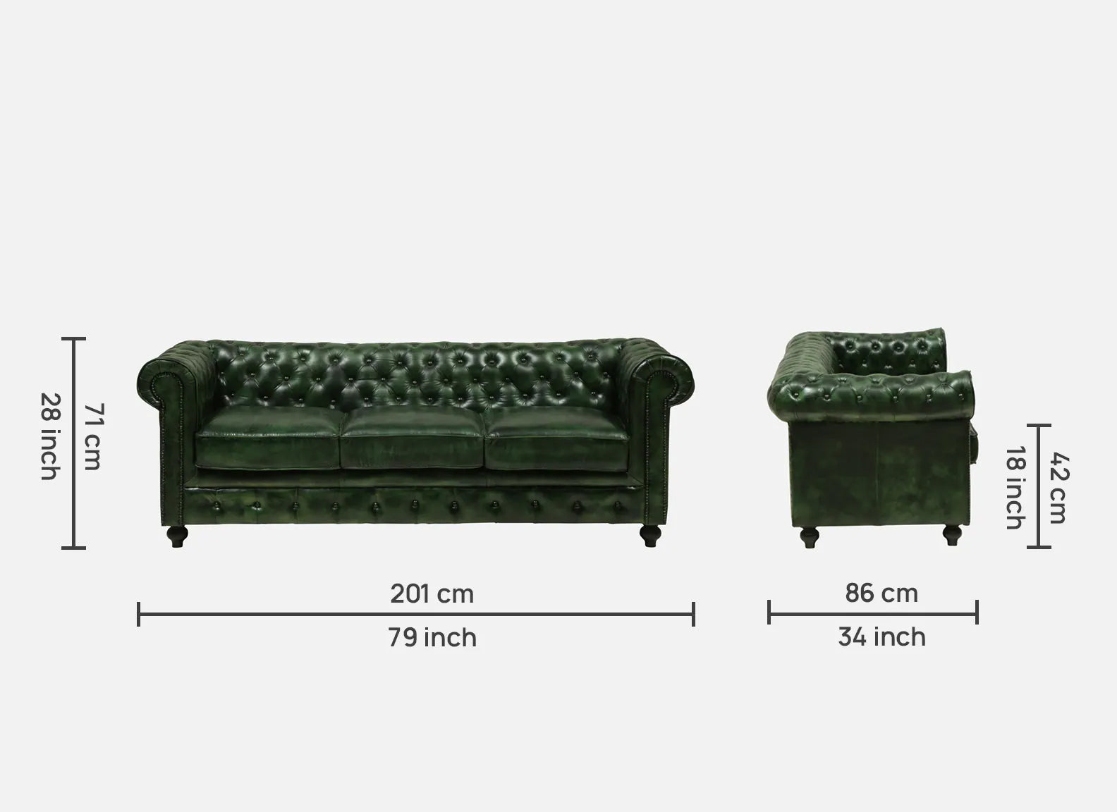 3 Seater Leather Sofa in Green Color - dimensions