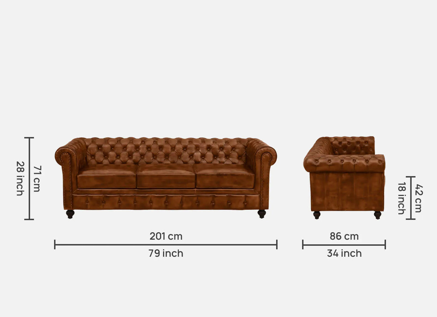 3 Seater Leather Sofa in Tan Finish - dimensions