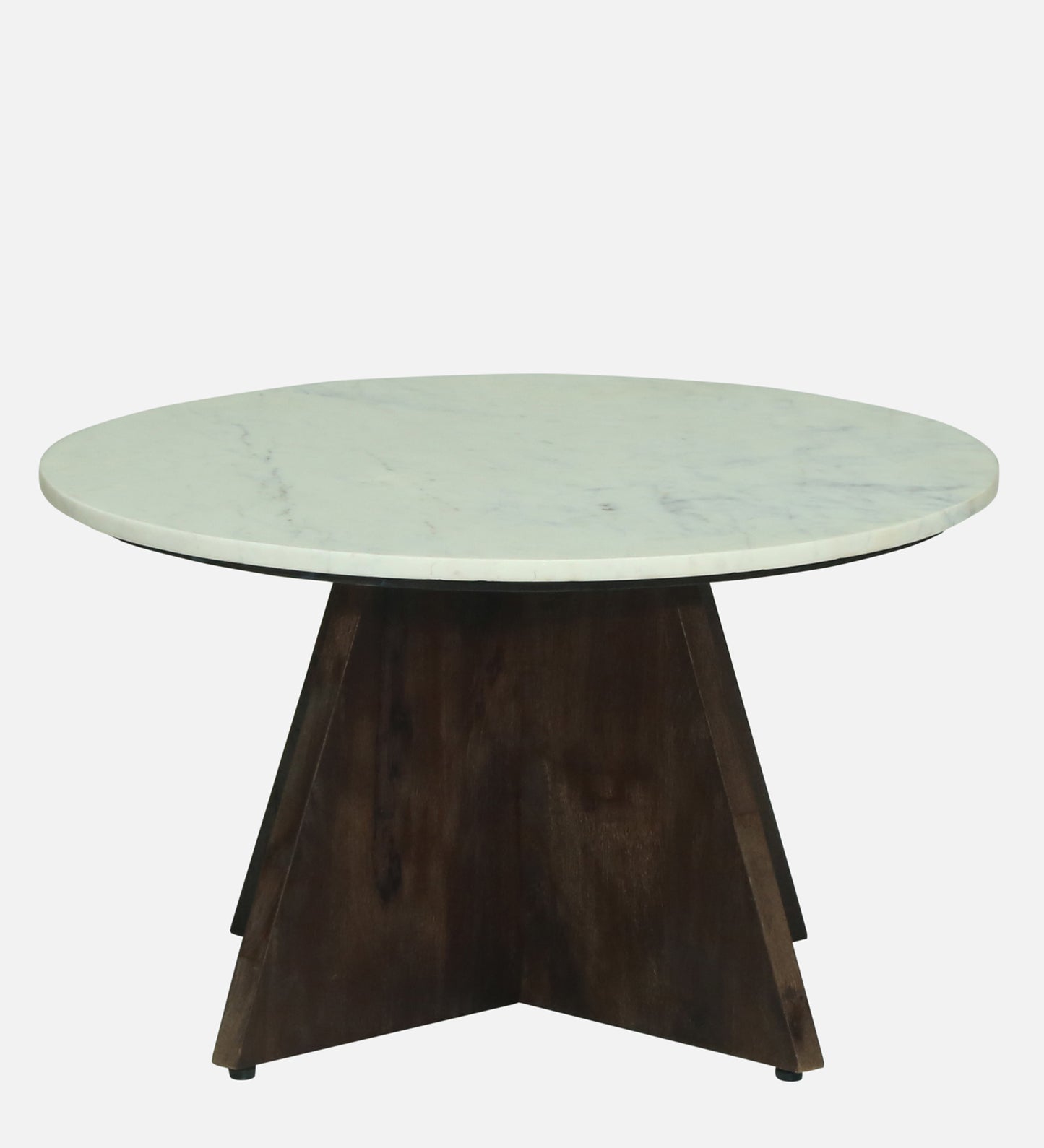 Round White Marble Coffee Table with Sculptural Dark Wood Pedestal Base