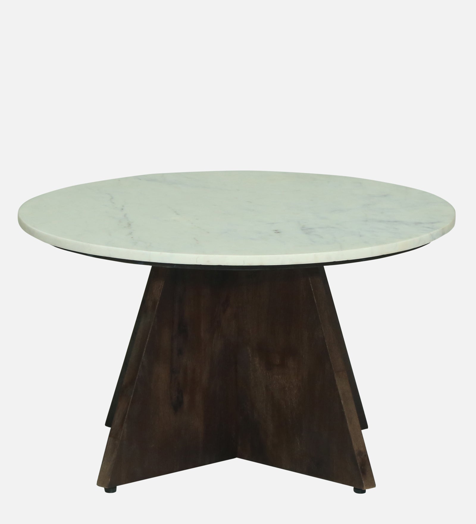 Round White Marble Coffee Table with Sculptural Dark Wood Pedestal Base
