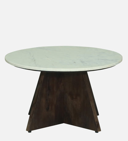 Round White Marble Coffee Table with Sculptural Dark Wood Pedestal Base