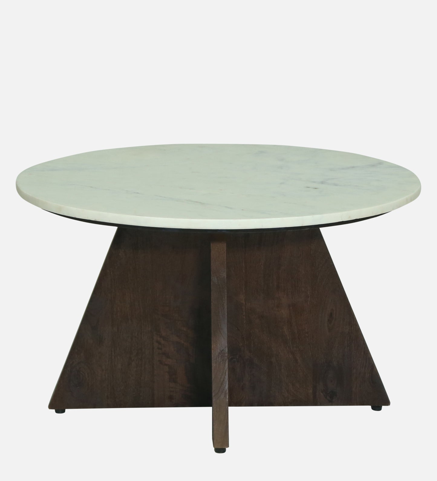 Round White Marble Coffee Table with Sculptural Dark Wood Pedestal Base - alternate view 2
