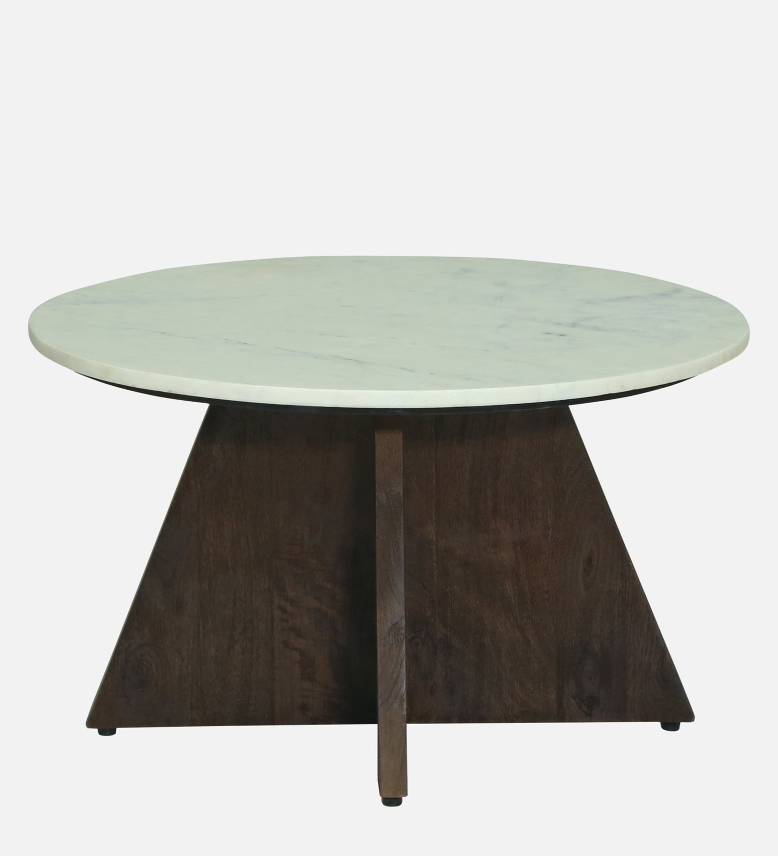 Round White Marble Coffee Table with Sculptural Dark Wood Pedestal Base - alternate view 2