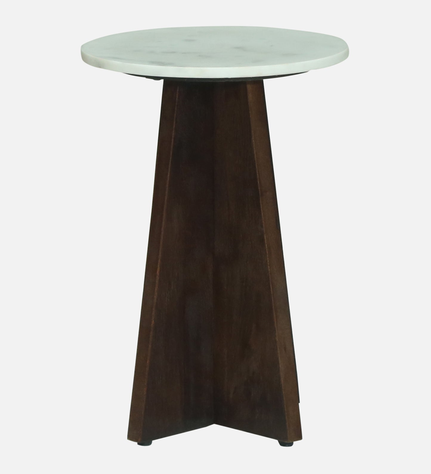 Round White Marble Side Table with Sculptural Dark Wood Pedestal Base