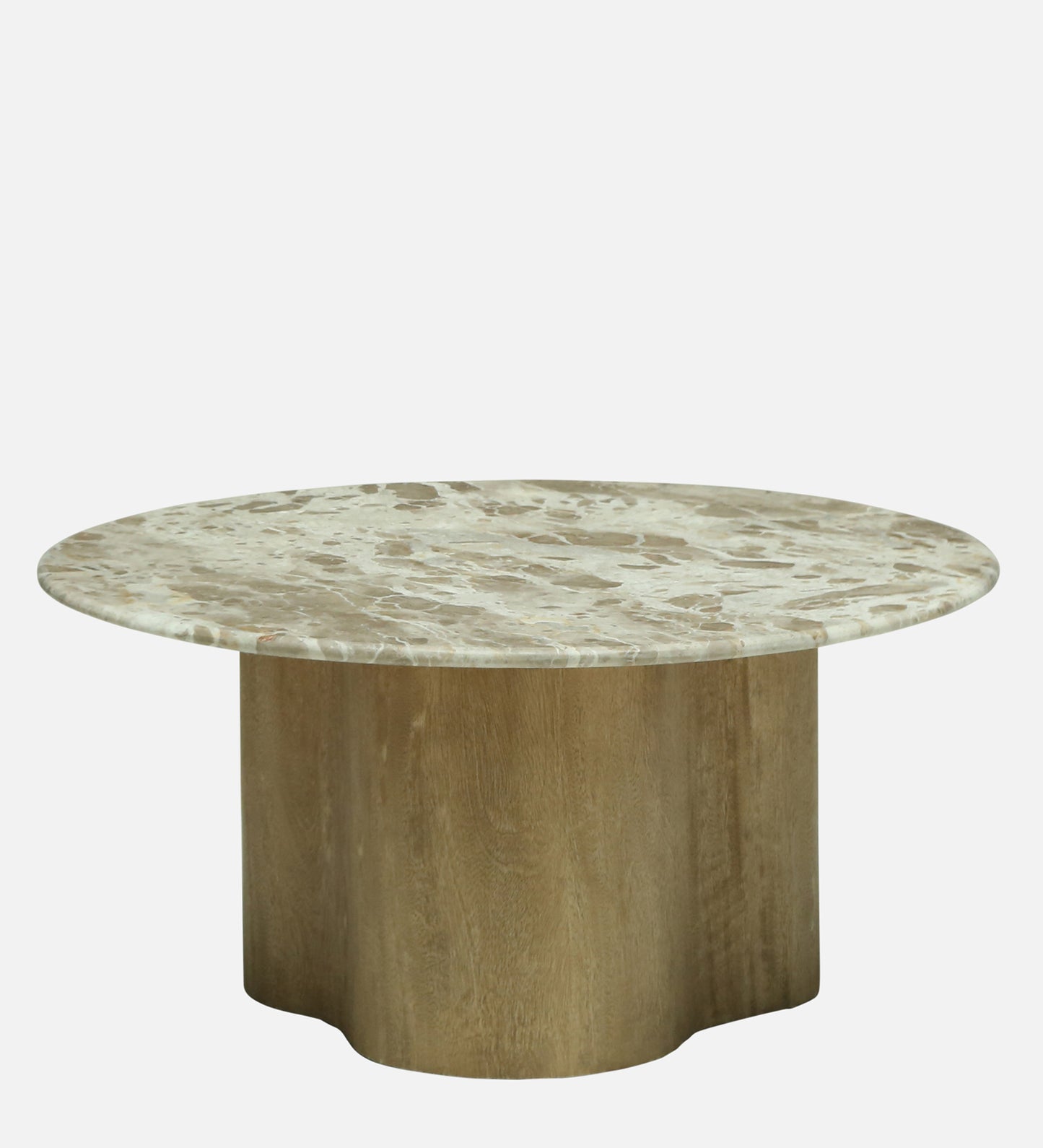 Round Beige Marble Coffee Table with Scalloped Mango Wood Pedestal Base
