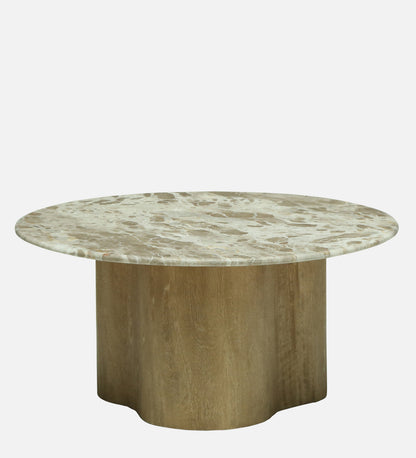 Round Beige Marble Coffee Table with Scalloped Mango Wood Pedestal Base